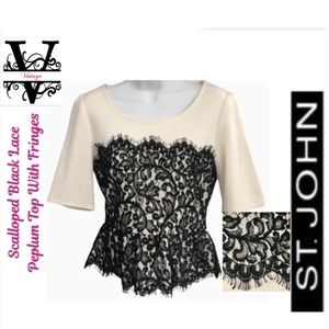 St. John Excellent condition Cream & Black Lace Fringe Peplum Short Sleeve Top